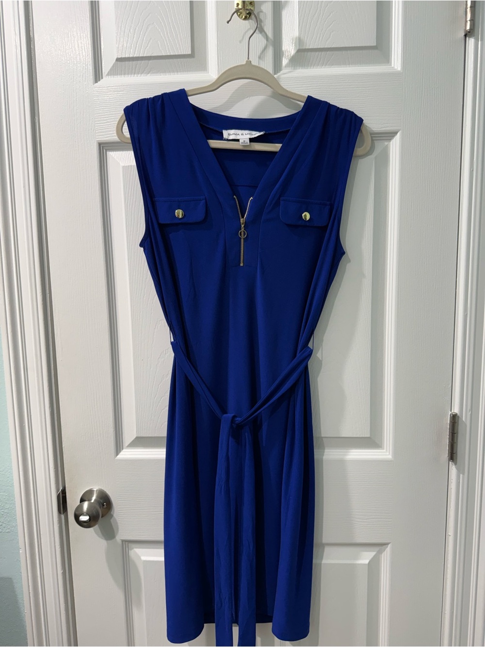 Emma & Michele Sleeveless Midi Dress in Royal Blue with Gold Accents
